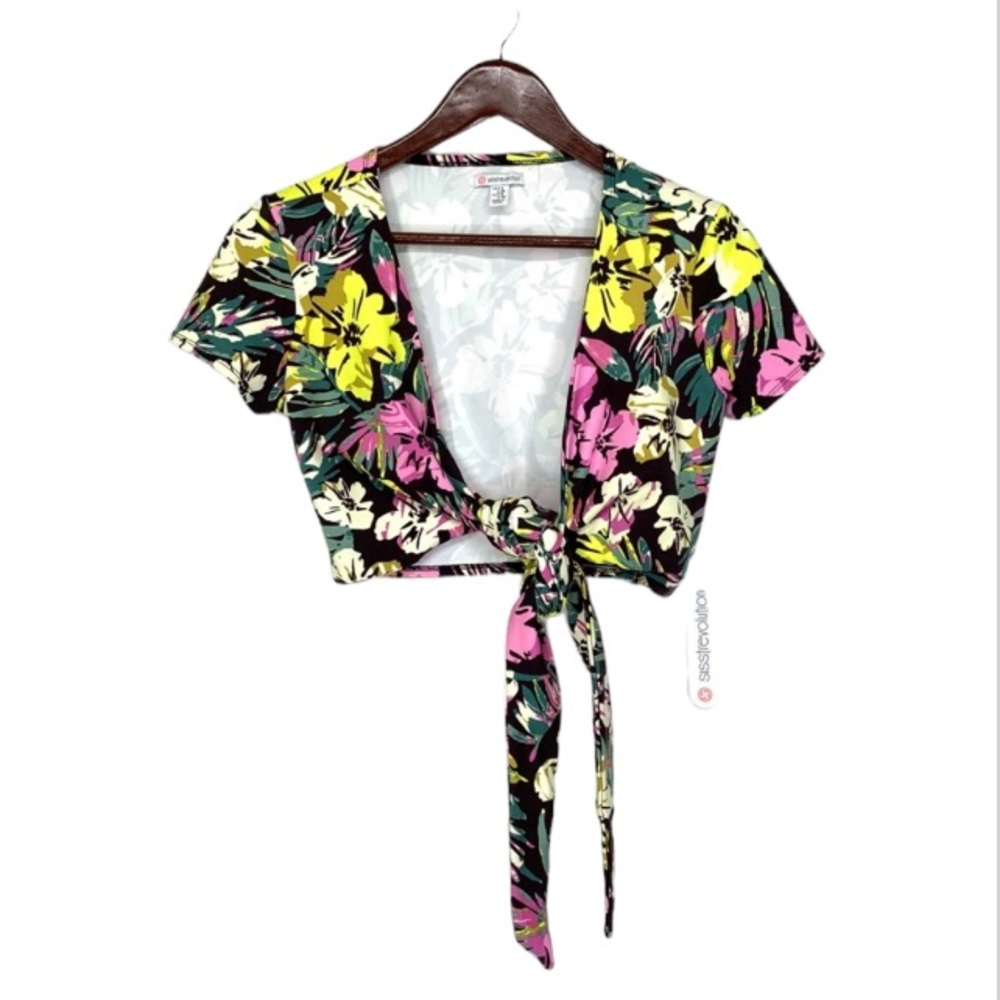 Sisstrevolution Tropical Floral Short Sleeve Tied Front Crop Top Blouse New Nwt